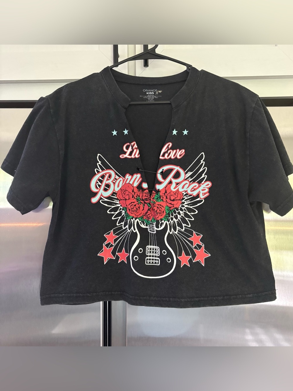 WOMEN SUPER SOFT Black "Born to Rock" Graphic crop tee by ORANGE KISS SZ-LARGE